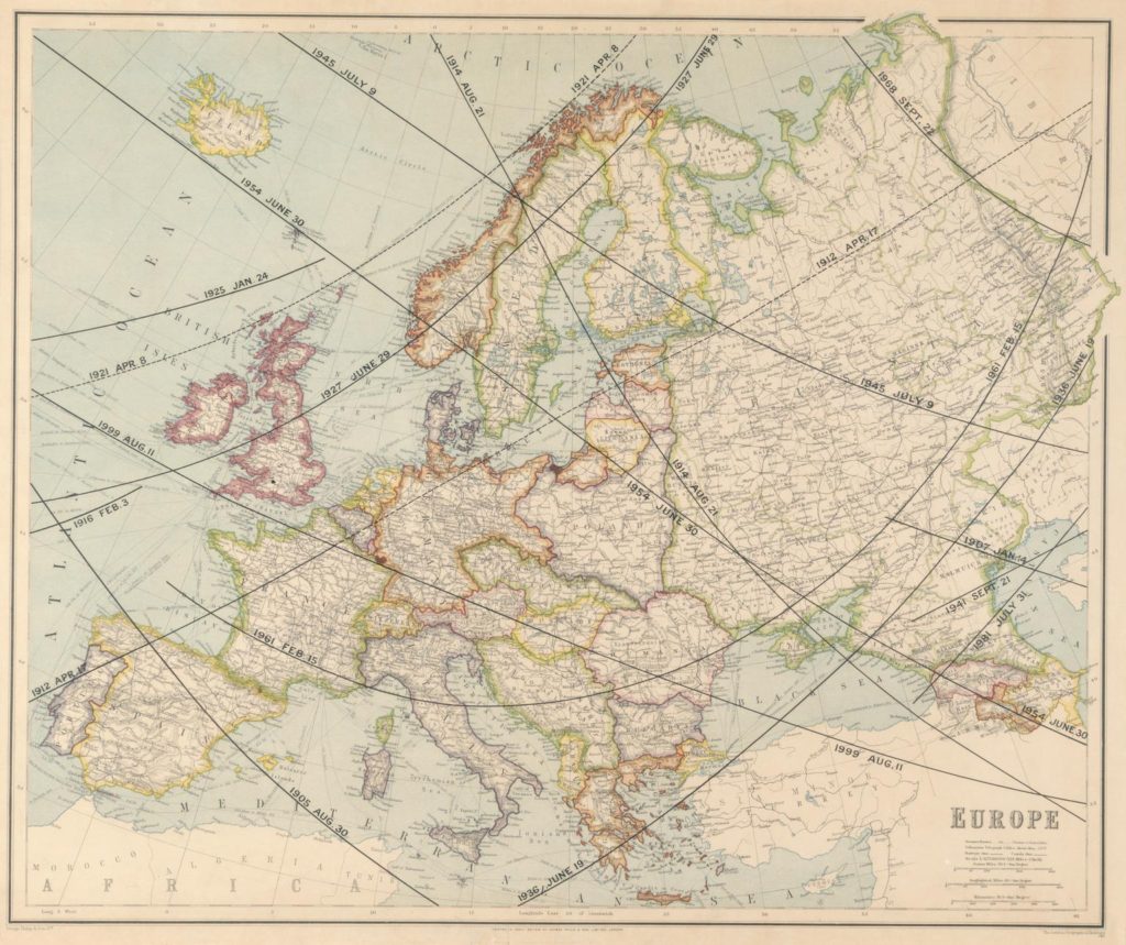 Map of Europe marked with the paths of totality for solar eclipses during the 20th century (regional maps; solar eclipse)
